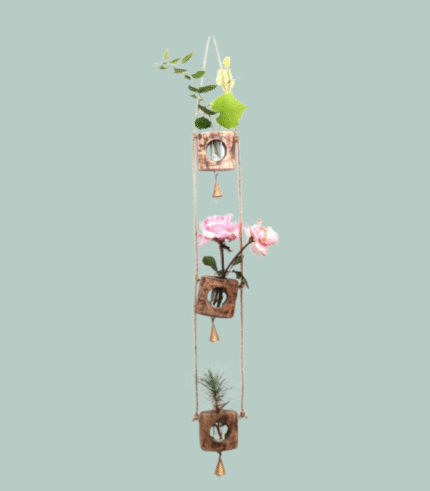 Hanging Wooden Test Tube Planter with Bells – 3-Tier Vertical Wall Vase Holder with Rope Hanger 32 Inch.