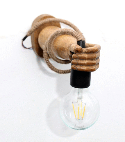Rustic Wooden Carved Hand Shape Wall Lamp with Jute Rope Detailing