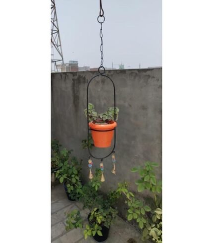 Hanging Planter with Bells & Colorful Beads , Black, 26 Inch